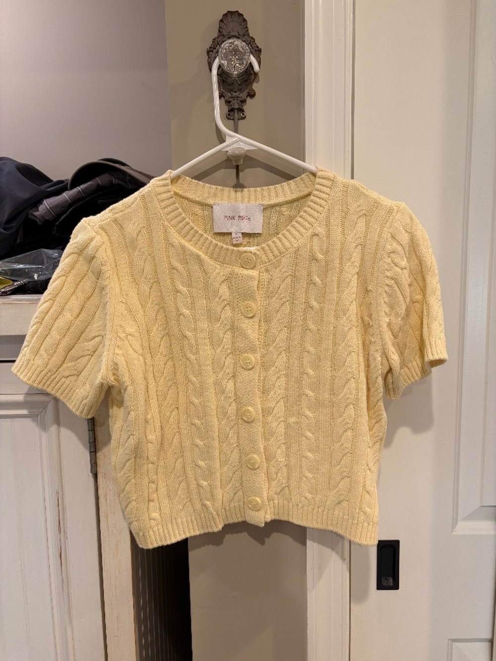 Pink Rose Pastel Yellow Cable Knit Short Sleeve Cropped Cardigan Sweater
